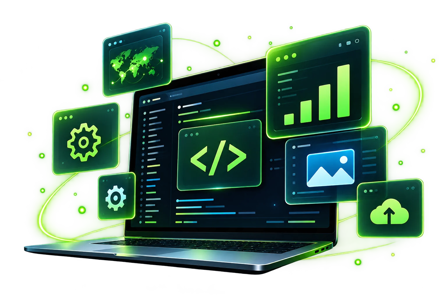 Illustration of a custom website dashboard with code and growth charts